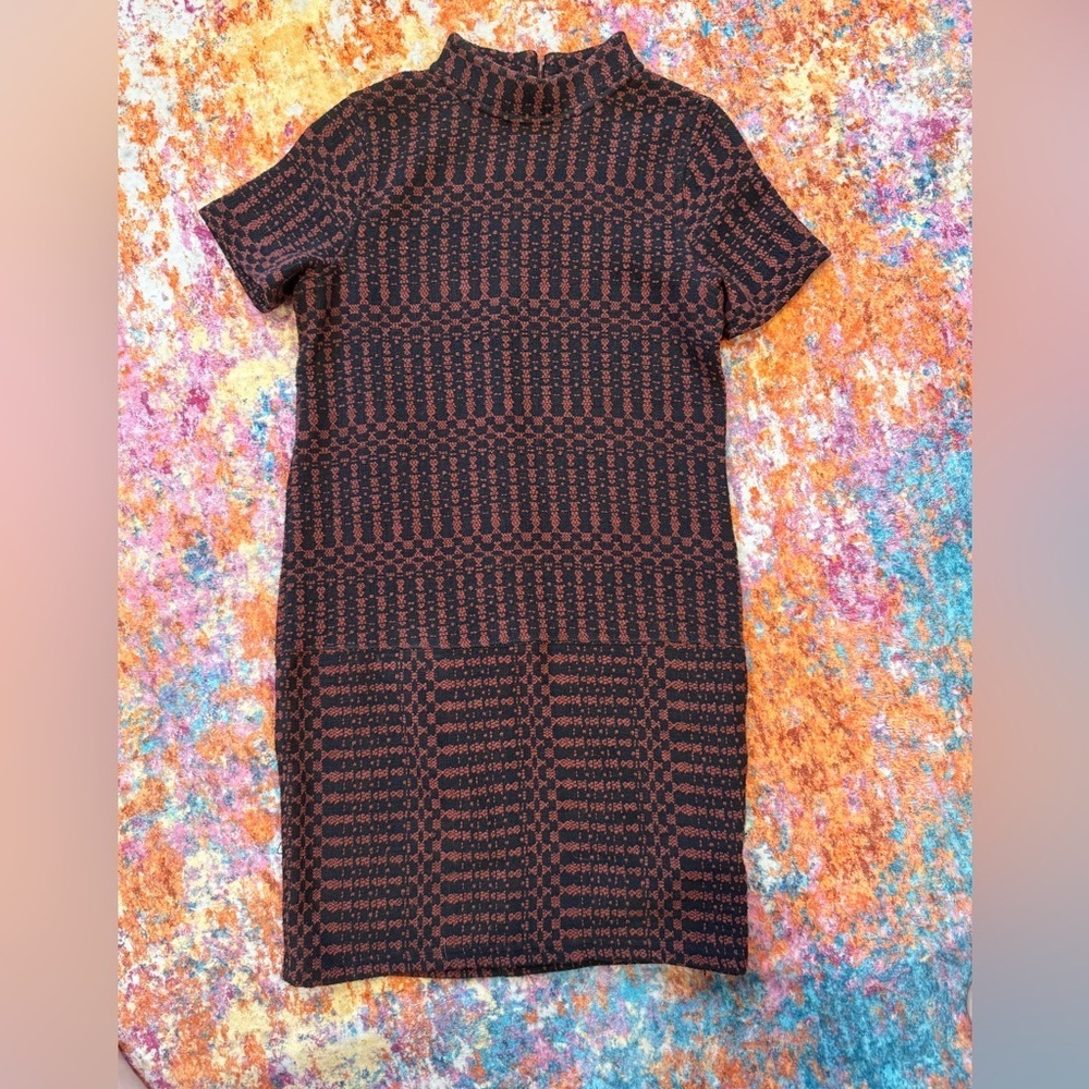 Billy Reid Textured Knit Mock Neck Dress Small Rust Black Short Sleeve